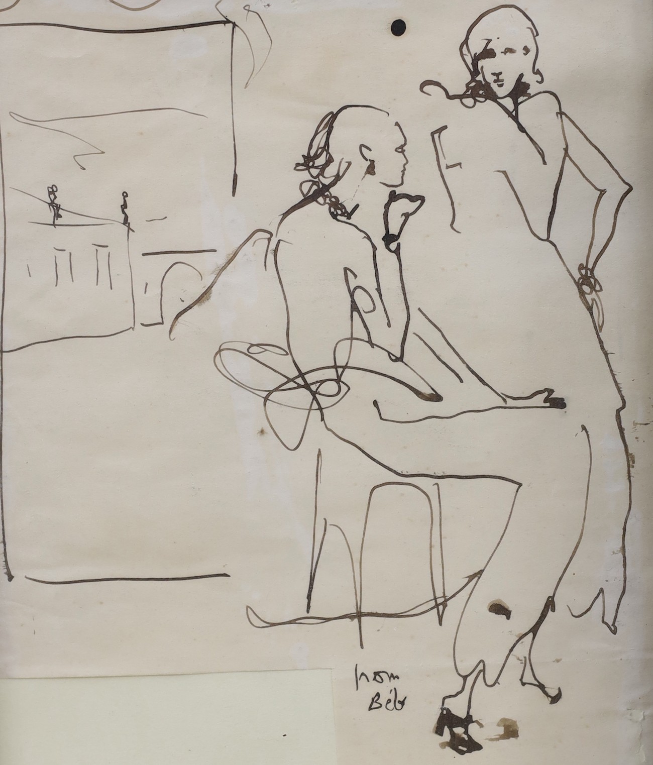 After Chagall, lithograph, Winged figure, inscribed on the mount, 12.5 x 18cm, a pen and ink sketch of figures and an etching of a reclining woman